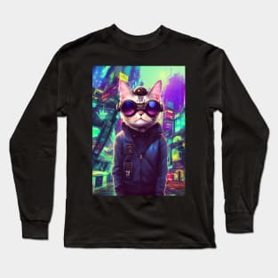 Techno Cat In Japan Neon City Long Sleeve T-Shirt